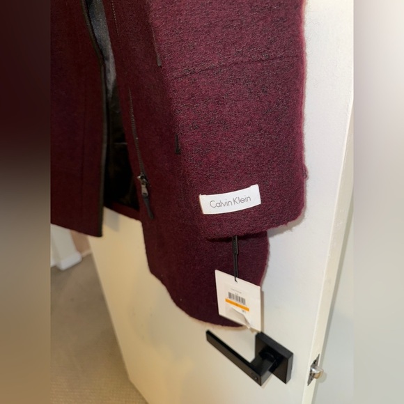 CALVIN KLEIN  Faux-Leather-Trim Asymmetrical Walker Coat SIZE: SMALL - Picture 7 of 12